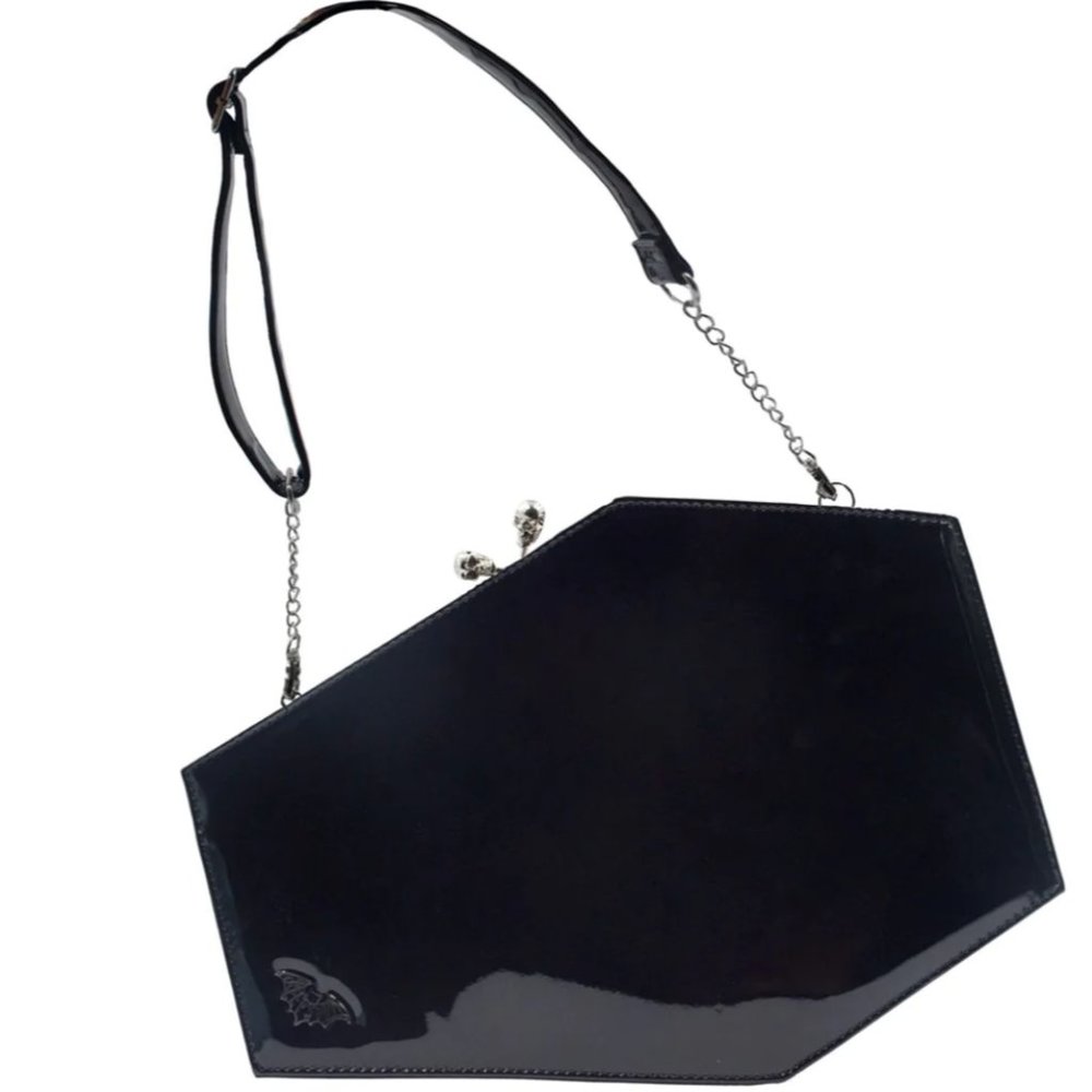 Coffin Black Shiny Vinyl Shoulder or Clutch Purse Skull Kiss Lock Deluxe NWT